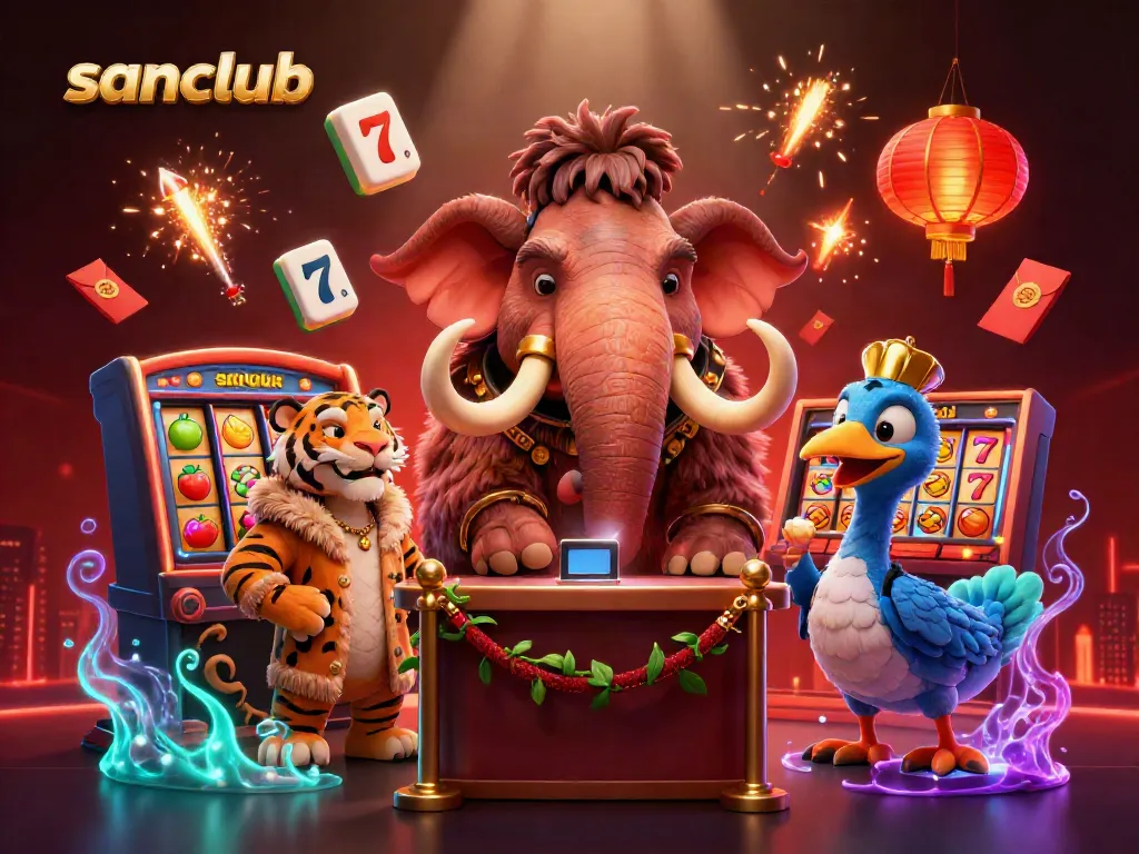 Experience the excitement at sanclub with iconic casino characters in a vibrant festive scene.