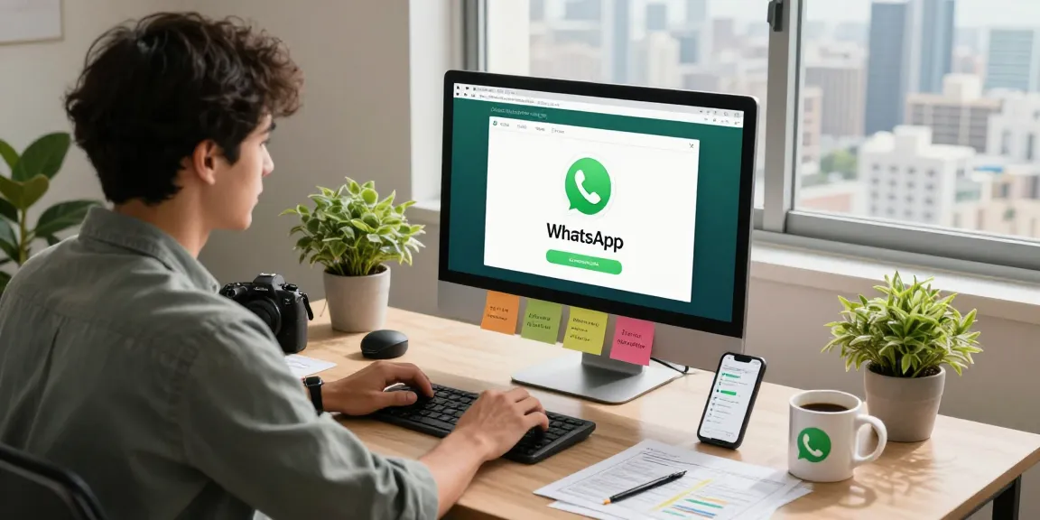 Professional using WhatsApp電腦版 on desktop in modern home office