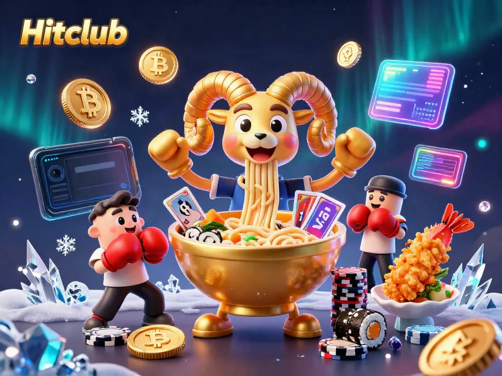 Engaging Hitclub scene featuring a golden ramen bowl character, crypto coins, and vibrant casino elements.