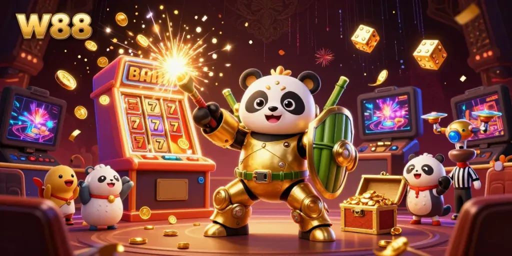 Experience the thrilling action at W88 with an epic 3D illustration featuring a golden panda in a mech, celebrating a jackpot.
