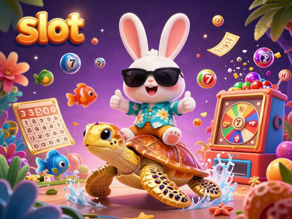 Engage with colorful slot reels and a lucky rabbit in a vibrant 3D casino scene.