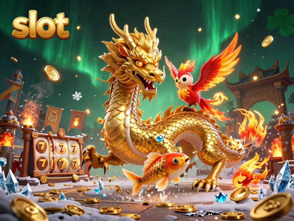 Experience the thrill of slot games with a golden Chinese dragon, fiery phoenix, and koi fish in a dynamic casino scene.