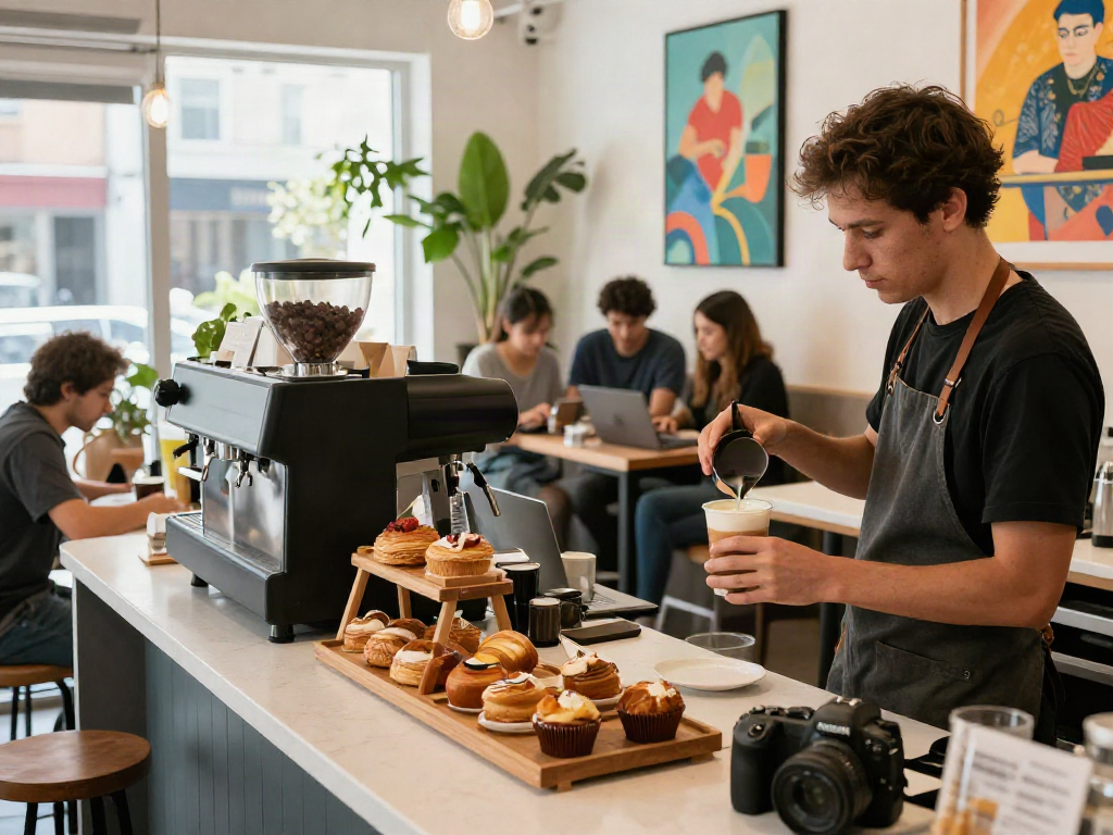 rokok88 exploring a vibrant coffee shop atmosphere with barista crafting artisanal drinks and engaged patrons.