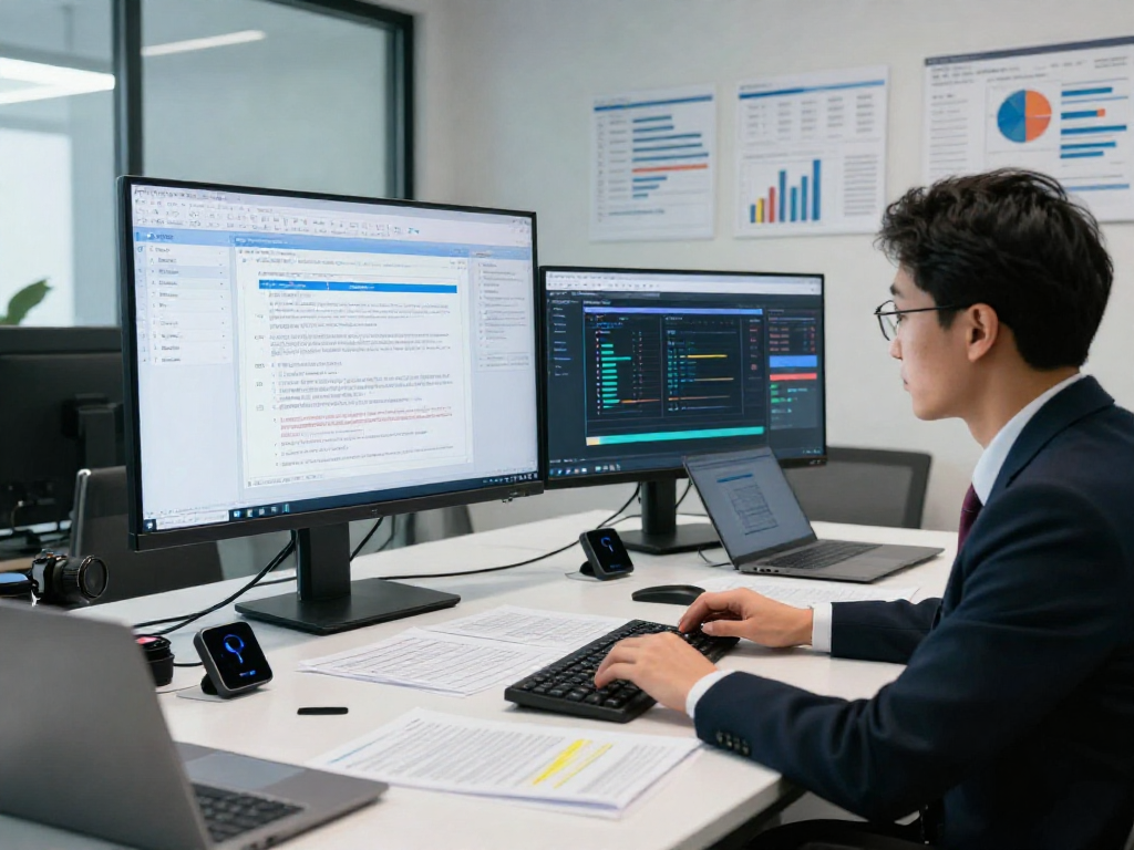 Data analyst performing document fraud detection analysis in a modern workspace with digital documents and performance metrics.