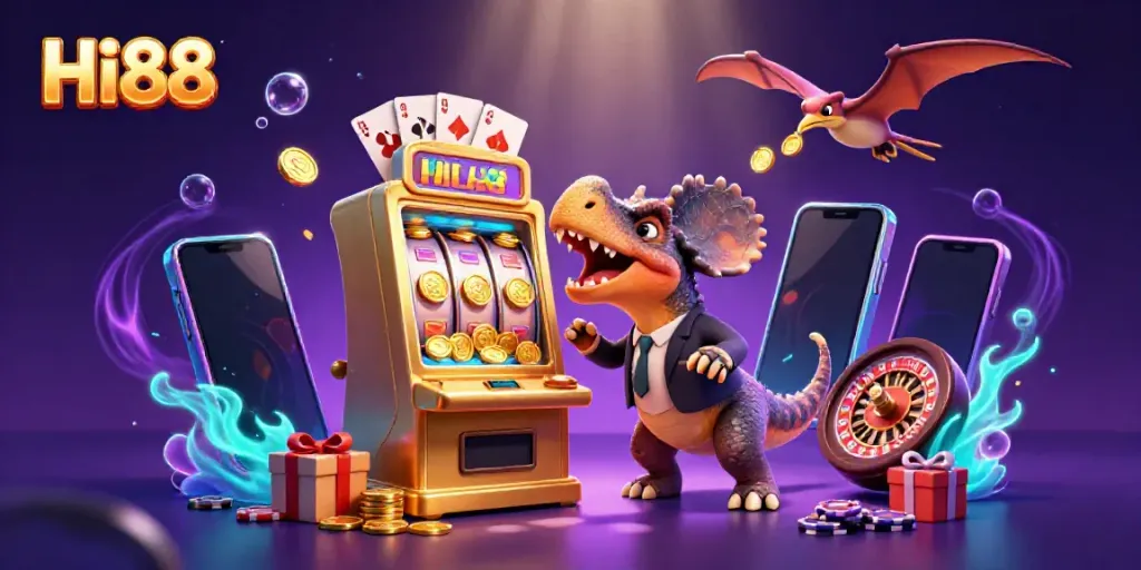 Experience Hi88's dynamic casino atmosphere with a pachycephalosaurus winning jackpots!