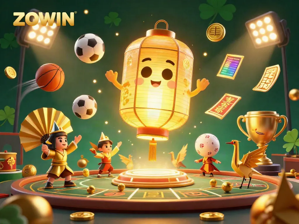 Experience ZOWIN in a vibrant casino scene filled with animated characters and exciting gaming elements.