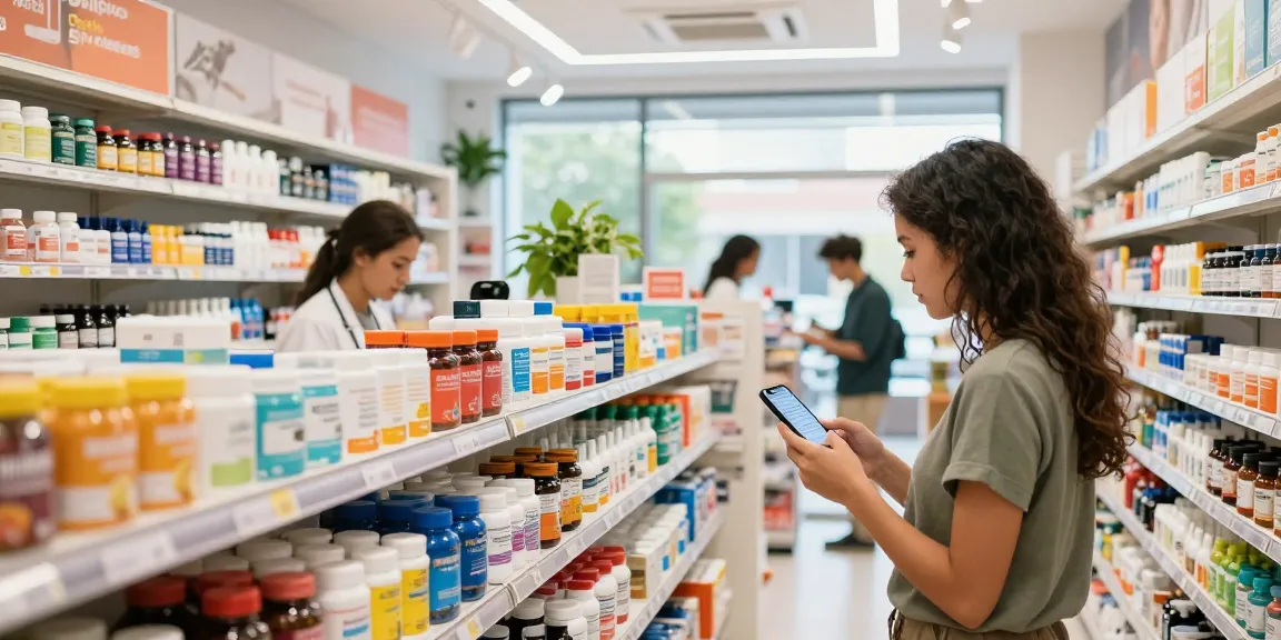 Entdeckung qualitativ hochwertiger Produkte in den lebhaften Gängen des Medi Pharma Shops, gefüllt mit Nahrungsergänzungsmitteln und Hautpflege.