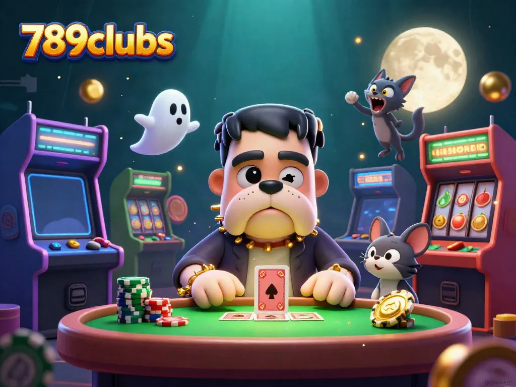 Join the fun at 789clubs with a Frankenstein bulldog dealer amidst vibrant casino elements.