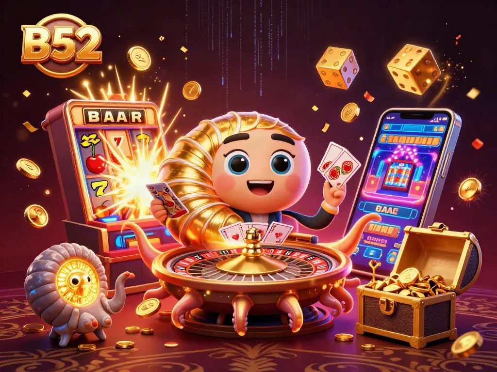 B52-themed casino scene with a nautilus roulette wheel, cards, and jackpot elements exploding.