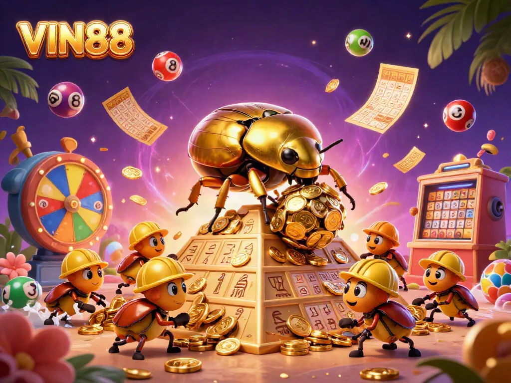 Experience the thrill at VIN88 as a golden beetle rolls coins amidst vibrant lottery elements and casino symbols.