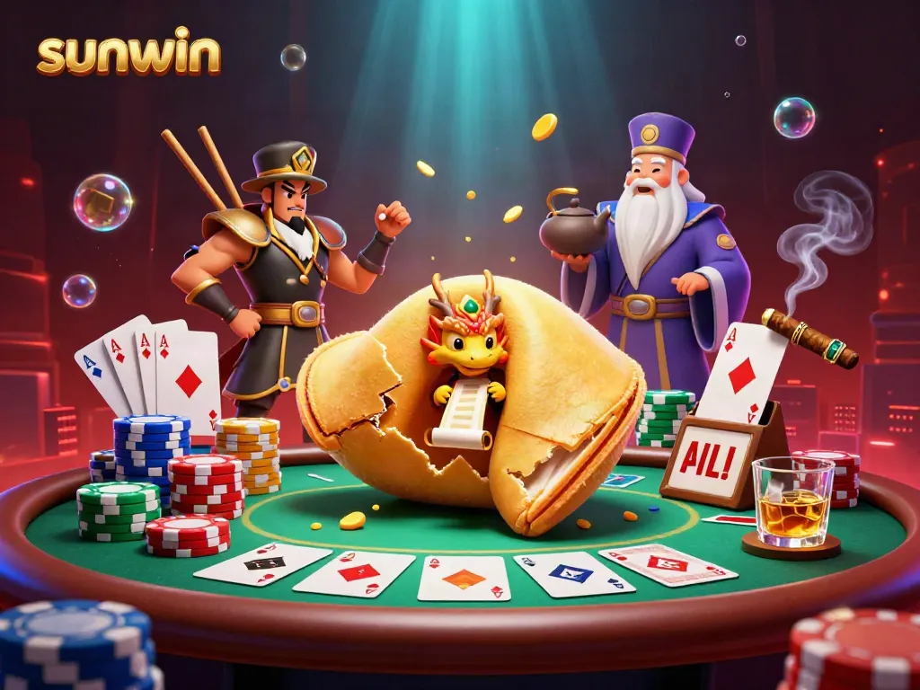 Sunwin players engaging in a vibrant online gaming scene with a golden fortune cookie and a wise dragon, showcasing thrilling casino elements.