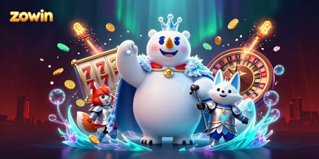 Zowin spins the slots in an exciting casino scene with vibrant energy and festive elements.
