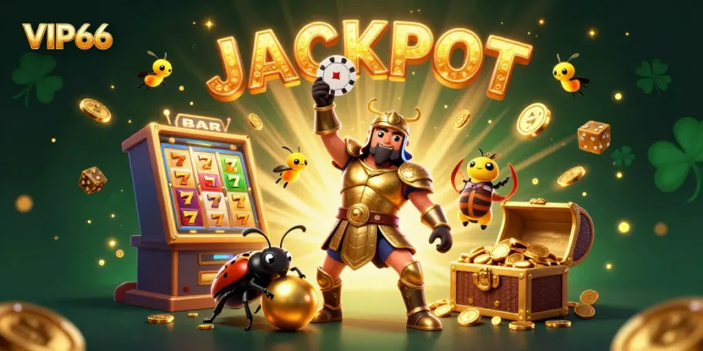 Experience the excitement of VIP66 Casino with dynamic elements celebrating jackpots and casino games.