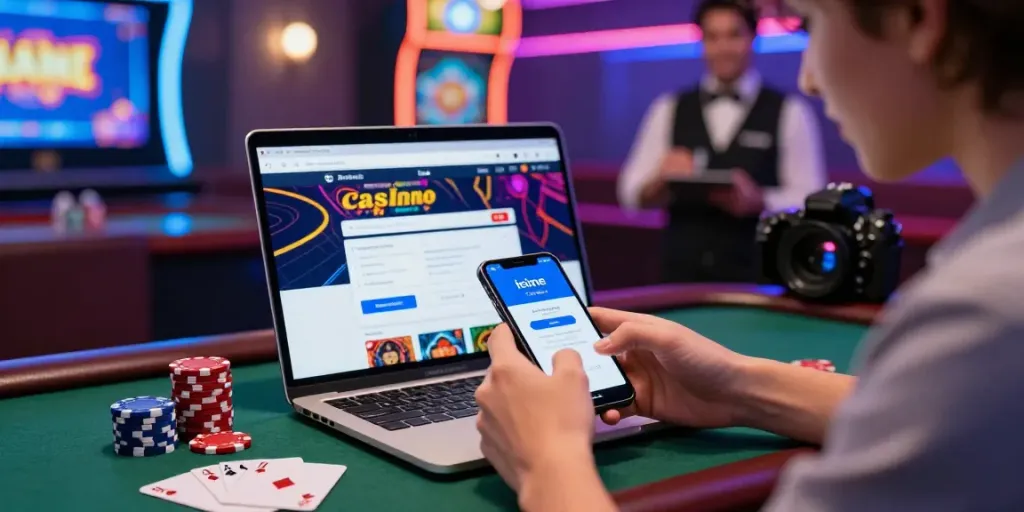 Eröffnung eines Casino-Kontos mit itsme in einem lebhaften Casino-Umfeld, das Benutzerfreundlichkeit und Spannung zeigt.