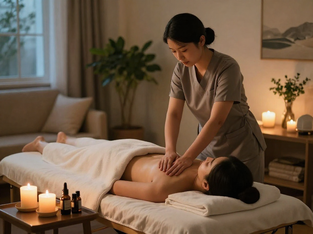 Home massage scene featuring 화성출장마사지 therapist providing a relaxing experience with soothing atmosphere.