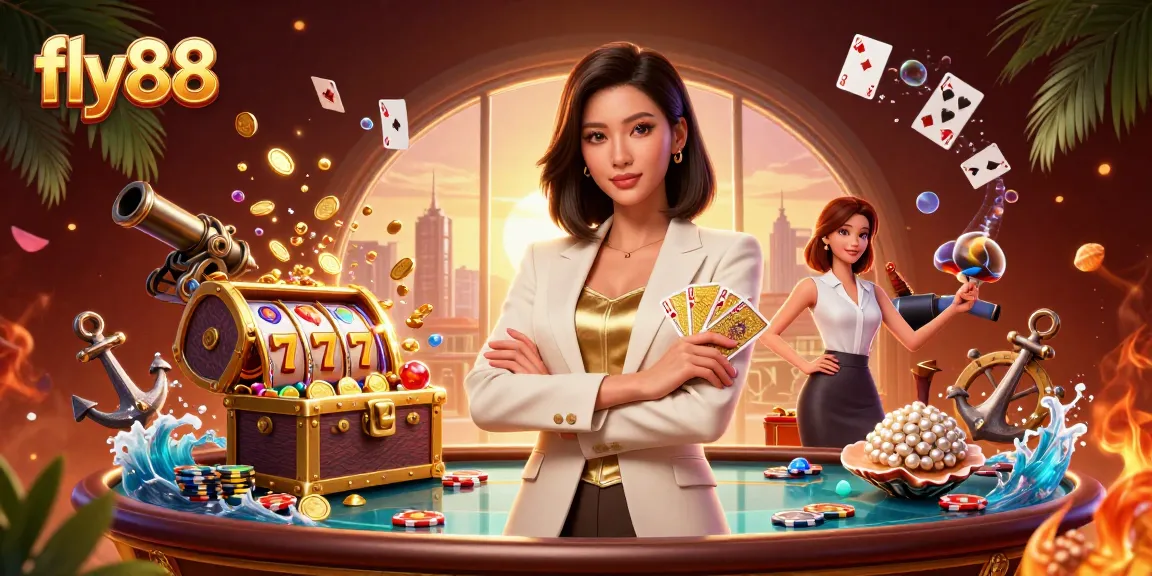 Experience the thrill of betting at fly88 with a glamorous dealer and casino elements in a vibrant scene.