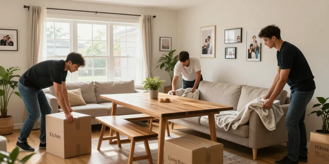 Umzugsunternehmen Speyer packt sorgfältig Umzugskartons und Möbel in modernem Wohnzimmer.