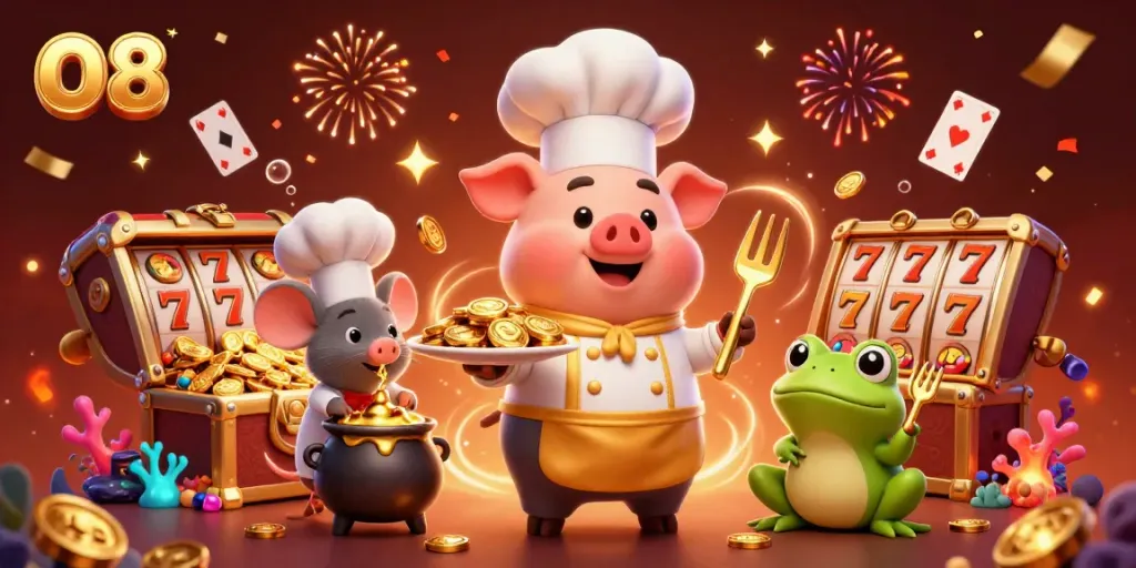 Experience the excitement of O8 with a vibrant 3D casino illustration of a chef pig serving gold coins amid dynamic game elements.