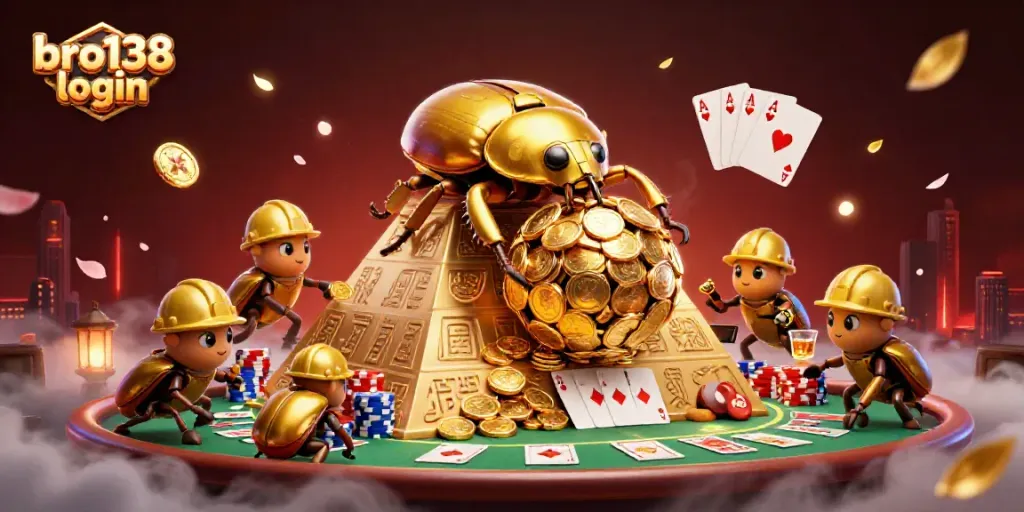 Engaging 3D scene showcasing bro138 login with cartoon beetles, casino elements, and vibrant colors.