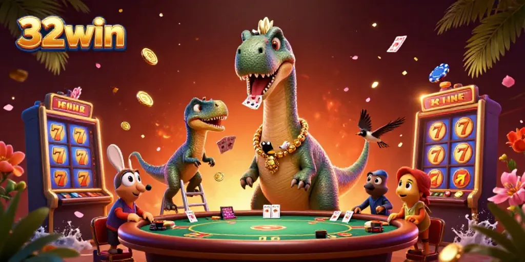 Experience thrilling slot action with 32win featuring a towering brontosaurus interacting at a casino table.