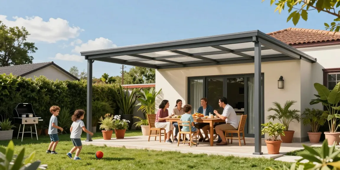 Freistehende Terrassenüberdachung im Garten mit Familie, die ein sonniges Picknick genießt.