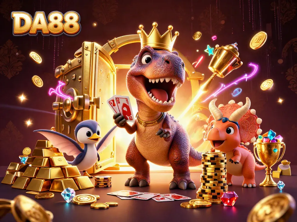 Engaging DA88-themed casino illustration with friendly dinosaurs playing cards amid gold treasures.
