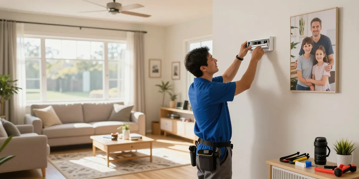 Professioneller Elektriker Essen installiert Beleuchtung in Wohnraum, liebevolle Atmosphäre.