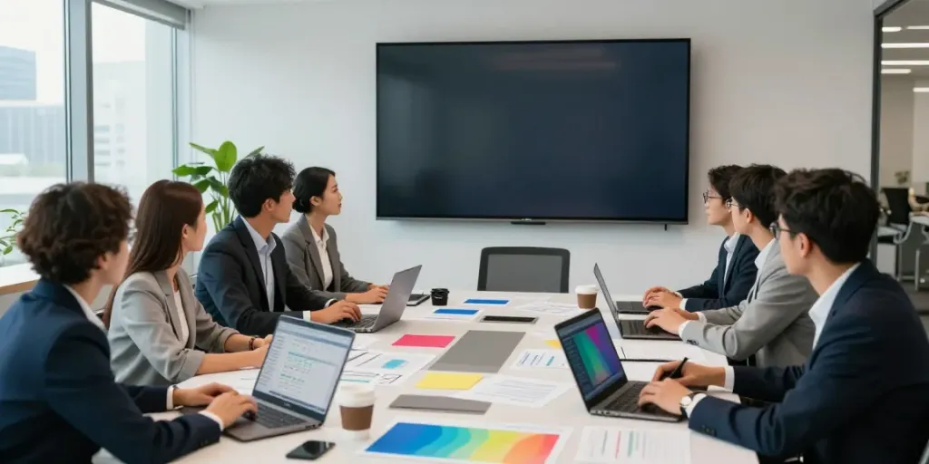 Profesionales colaborando en un entorno de oficina financiera, reflejando la esencia de BBVA es.