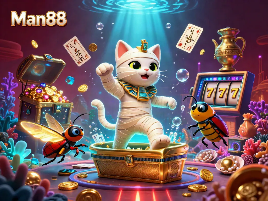 Experience thrilling wins with Man88 as the 3D cartoon Egyptian mummy cat and companions bring excitement to online gaming.