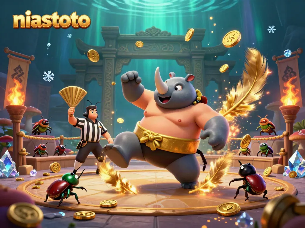 Gambarkan kekuatan niastoto dengan pemimpin sumo kepiting di arena bertarung, koin berterbangan.