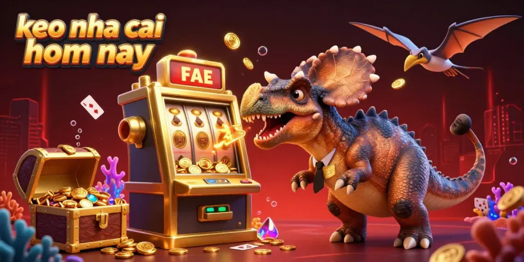 Experience thrilling action with keo nha cai hom nay as dinosaurs interact with a jackpot slot machine in a vibrant casino.