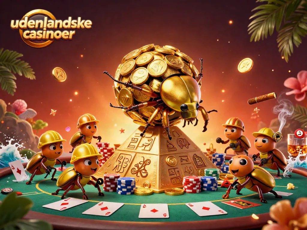 Engaging scene of udenlandske casinoer depicting a golden dung beetle rolling coins in a casino pyramid