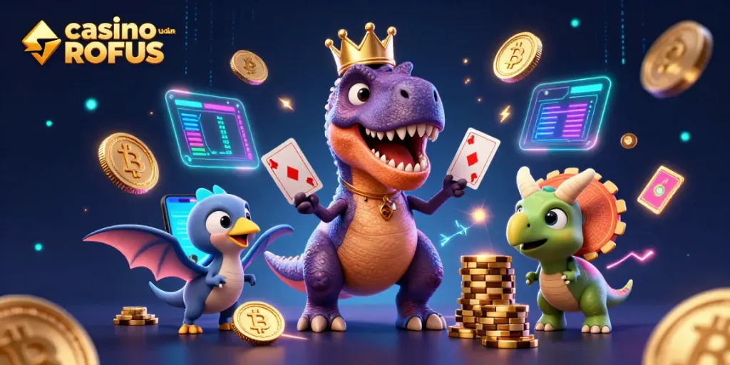 Experience fun at casino uden ROFUS with a playful T-Rex shuffling cards, surrounded by Bitcoin.