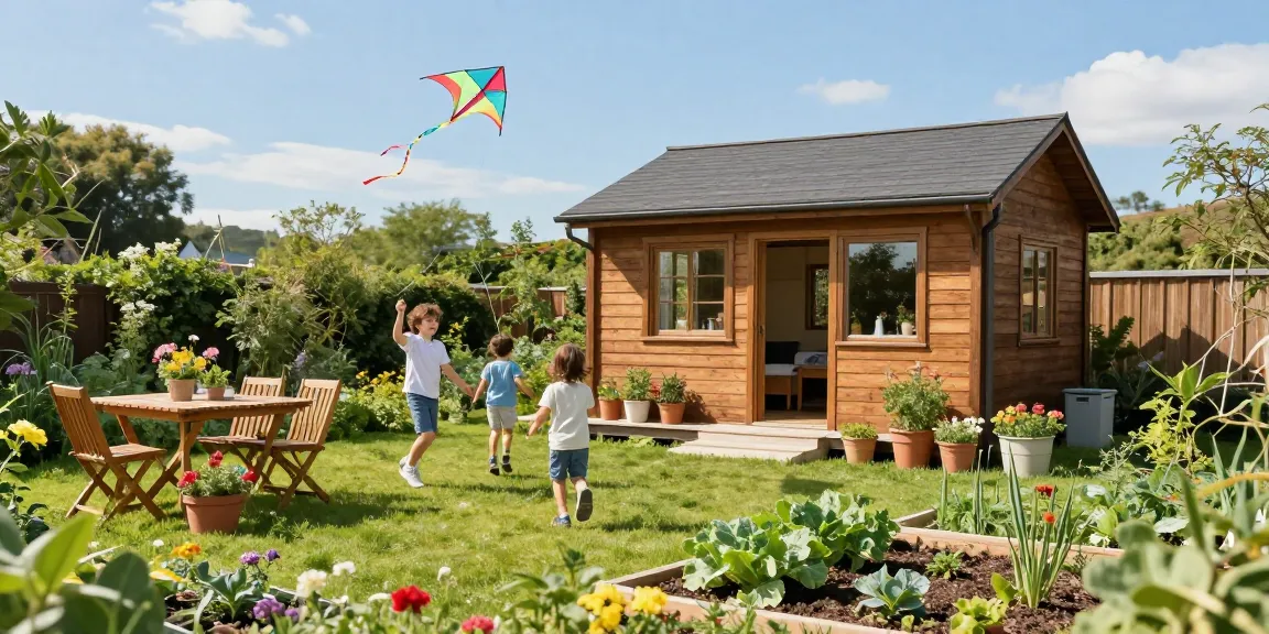 Stilvolles Gartenhaus Holz umgeben von blühendem Garten und spielenden Kindern