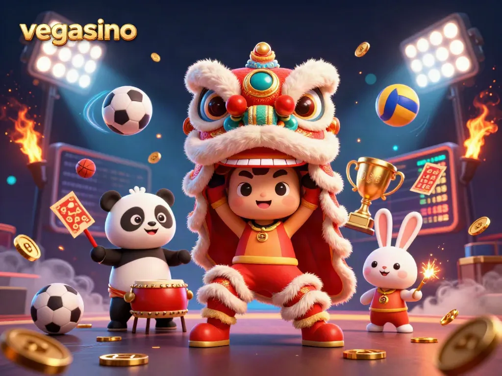 Experience winning at vegasino with a vibrant casino scene featuring lion dance, panda drummer, and dynamic game elements.