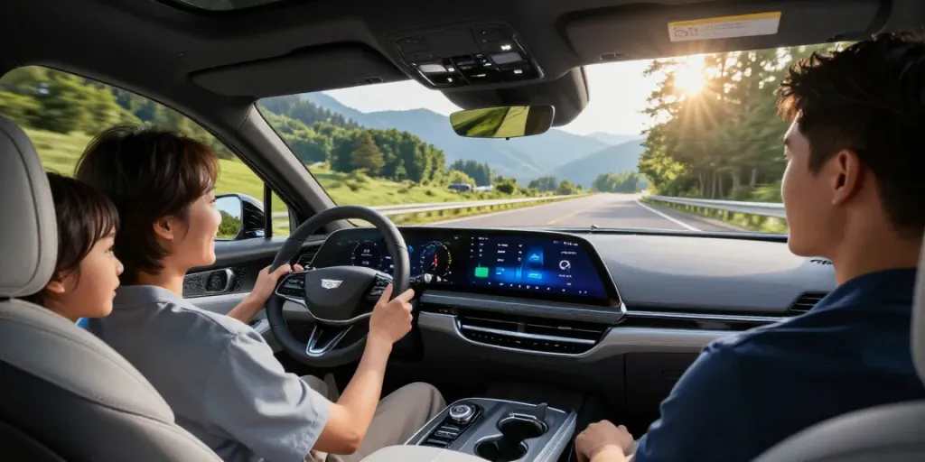 Do the Driving Modes in the Cadillac Lyriq Offer Different Ranges or Battery Usages? Insightful driving feature with family enjoying scenic view from the vehicle.