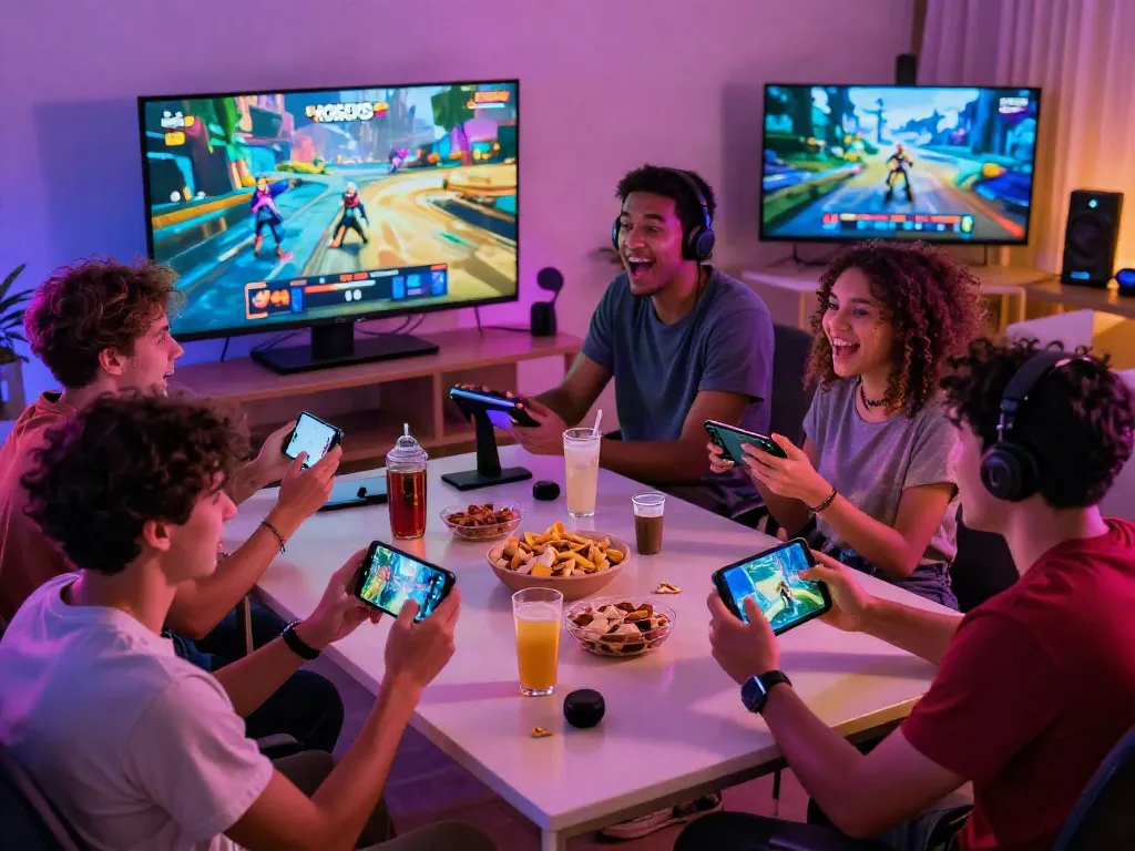 Engaged friends enjoying games on the ROKOK88 platform during a lively gaming night.