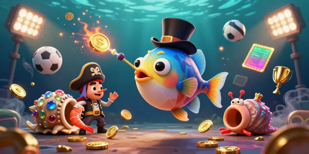 Engage with 123b as the anglerfish attracts golden coins amid dynamic sports balls in this vibrant underwater scene.