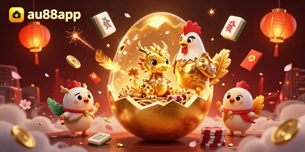 Experience winning excitement with au88app's vibrant 3D casino scene featuring a golden dragon and poker chips.