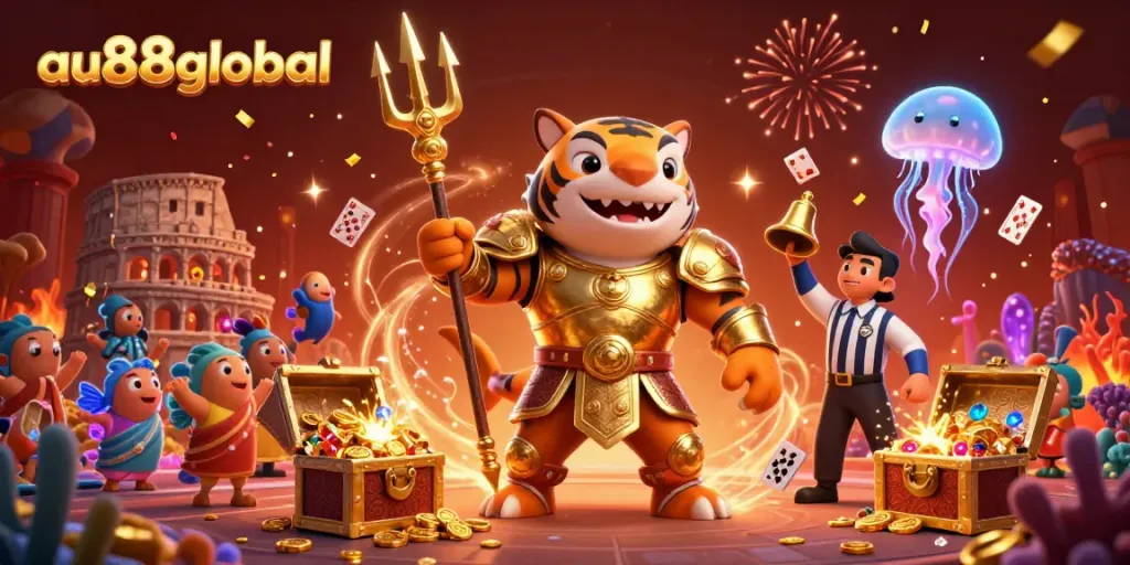 Engage in thrilling underwater casino action with the spectacular au88global tiger shark in golden gladiator armor.