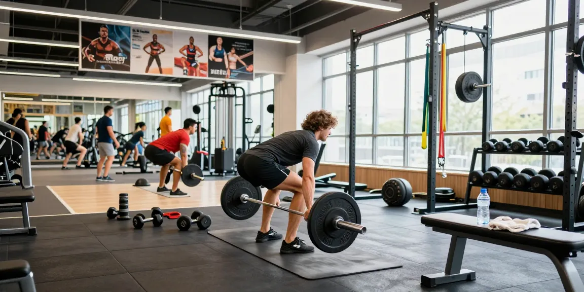 Energiegeladene Trainingssitzung im Fitnessstudio von Anabolika Shop Deutschland, die Performance-Bekleidung und Fitnessgeräte zeigt.