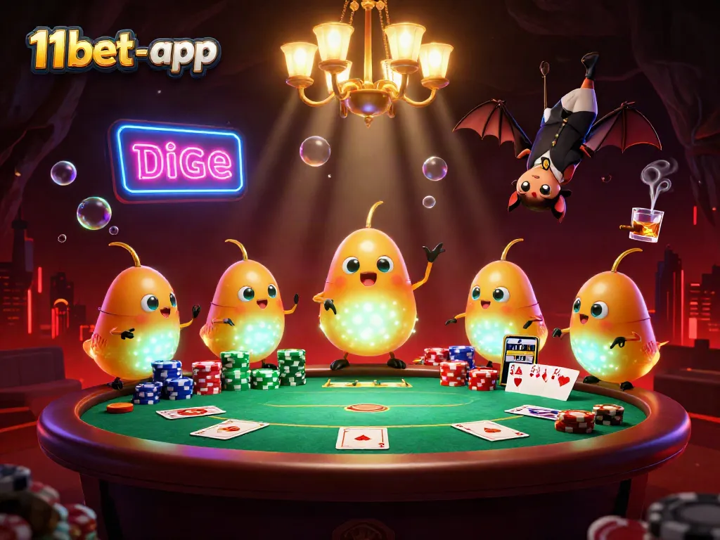 Engage with the thrilling 11bet-app experience in a vibrant casino scene illuminated by glowworms and a bat dealer.