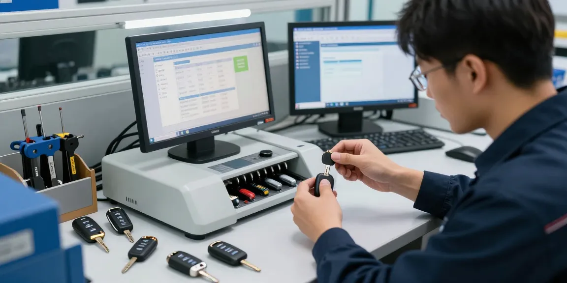 Autoschlüssel nachmachen in einer modernen Werkstatt, Techniker arbeitet an einem Schlüsselkopiergerät.