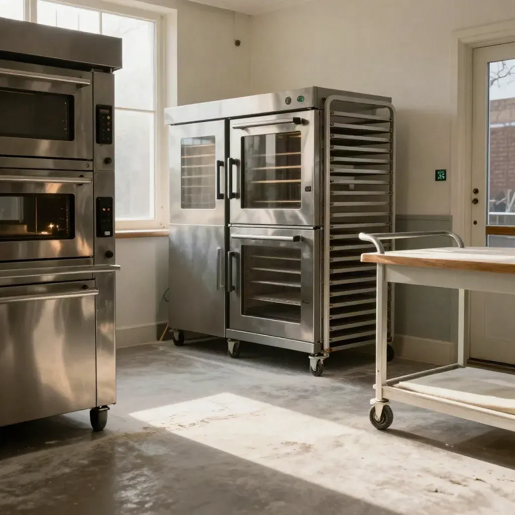 Leere Bäckerei mit Edelstahlöfen, stillen Gärschränken und gestapelten Blechen vor Sonnenaufgang.