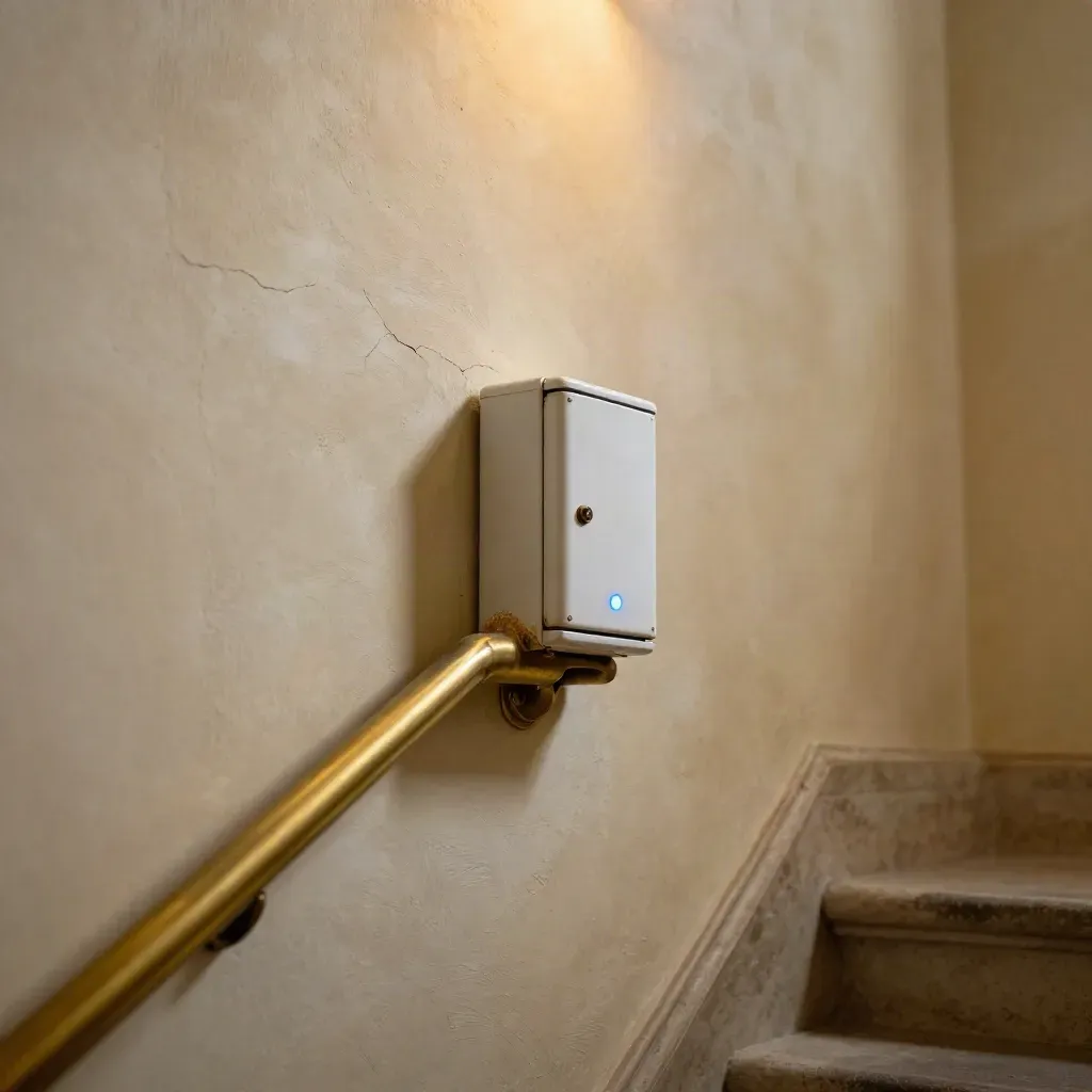 Alter Treppenaufgang mit Smart-Meter-Schrank und Messingdetails im warmen Licht.