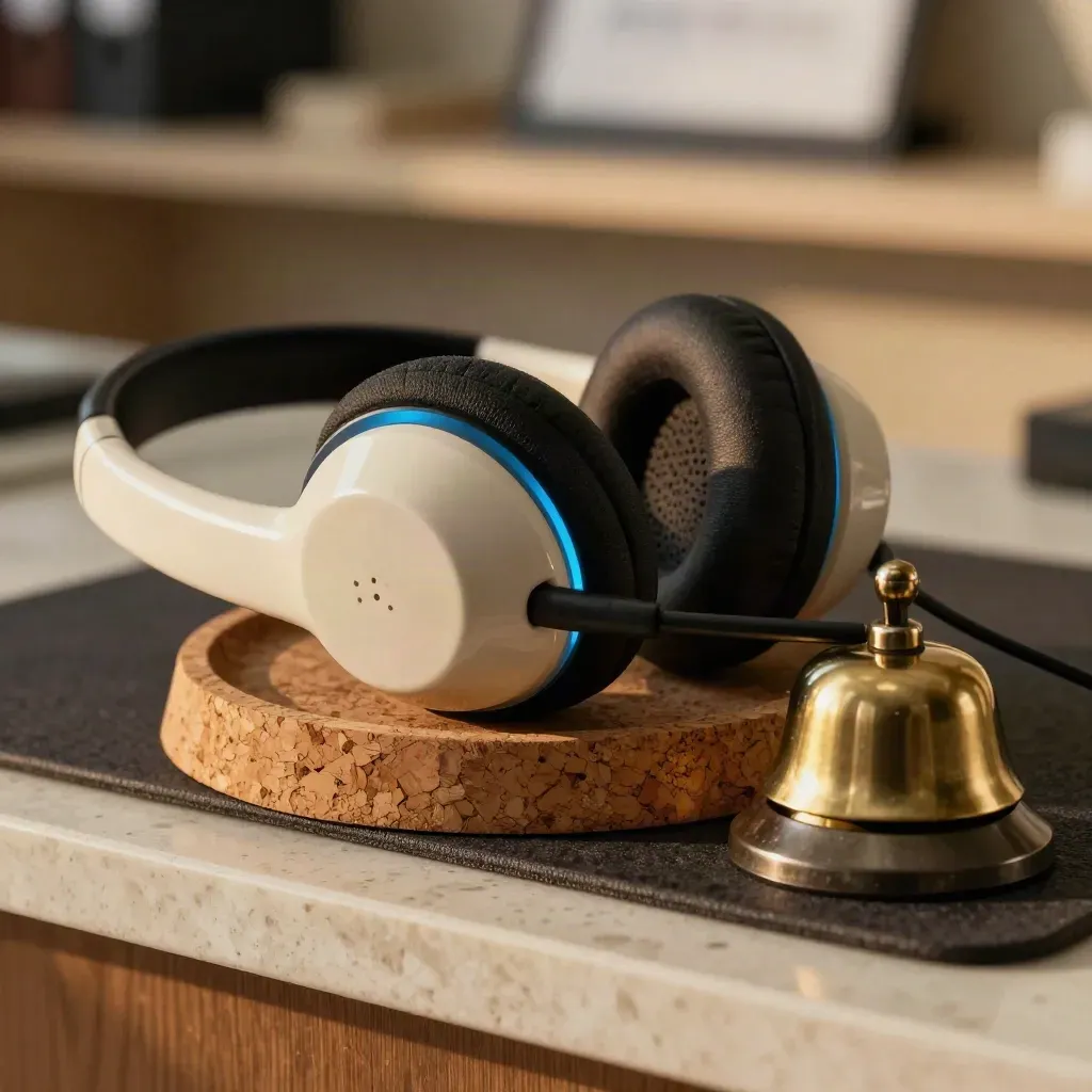 Makro eines Headsets auf Kork, daneben ein glatter Telefonhörer und eine Messingklingel.