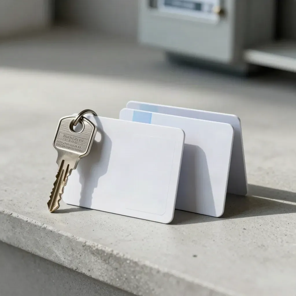 Smart-Meter-Karte, Wohnungsschlüssel und weiße Postleitzahl-Kachel auf hellem Stein
