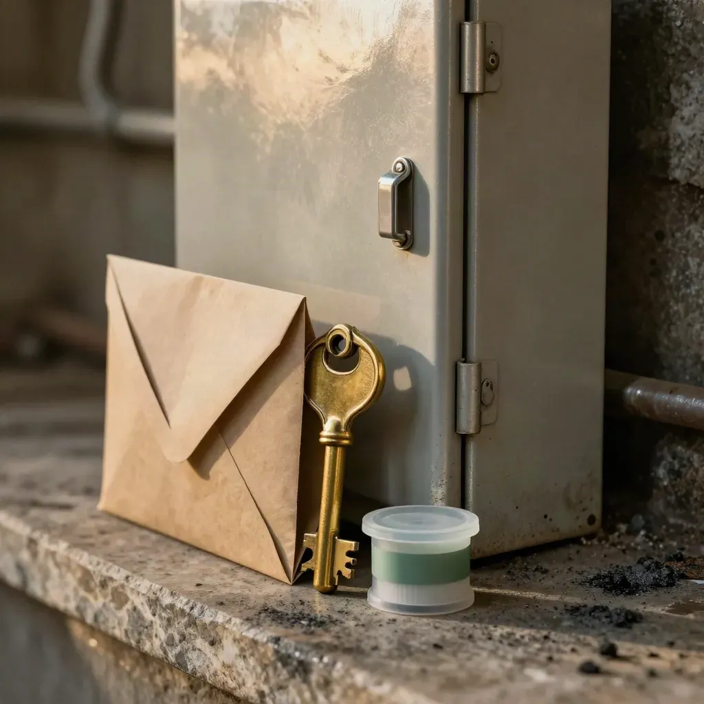 Serviceumschlag, Zählerschlüssel und Kabelsiegel vor geschlossener Hausanschlussbox im Keller.