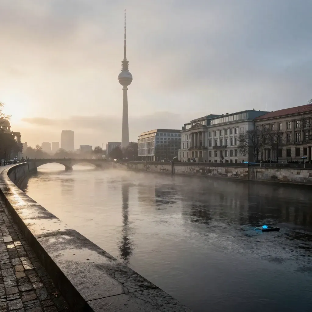 Berlins Skyline mit Fernsehturm über der Spree im Dunst nach Regen