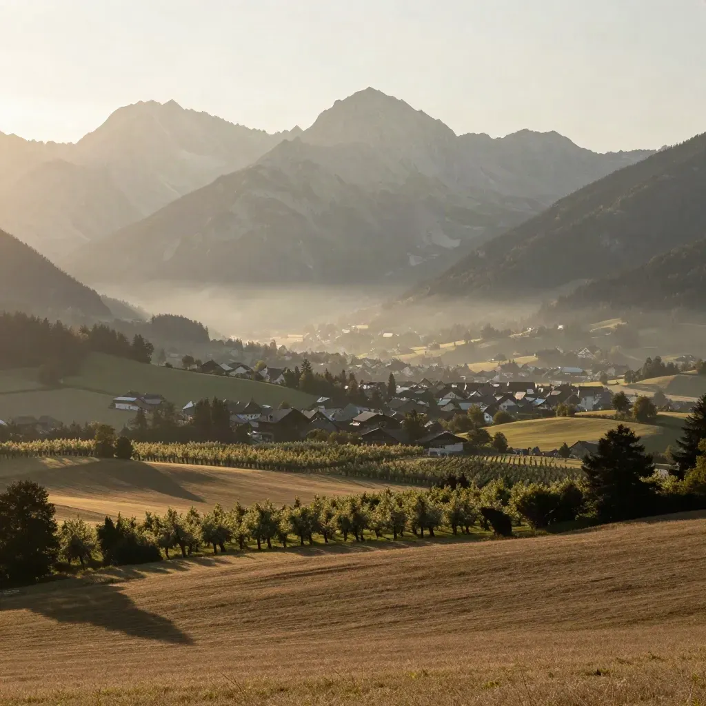 Bayerisches Alpenvorland mit fernen Münchner Dächern und den Alpen im warmen Abenddunst